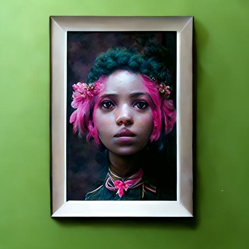 black girl with green hair photo realistic surreal with pink picture frame