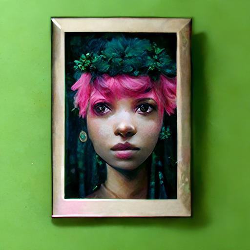 black girl with green hair photo realistic surreal with pink picture frame