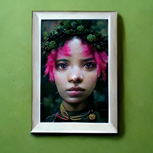 black girl with green hair photo realistic surreal with pink picture frame