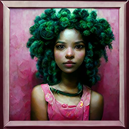 black girl with green hair photo realistic surreal with pink picture frame