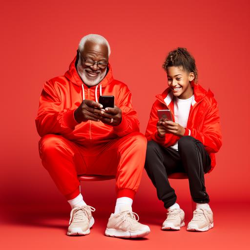 black grandpa and teen, happiest, on phone together, red clothing, white background, full body, photo realistic