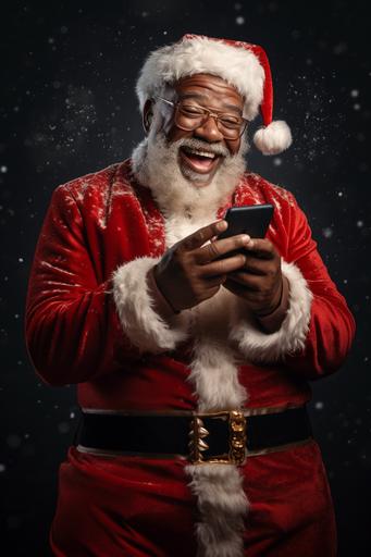black grandpa dressed in santa clothes holding phone out, photo realistic