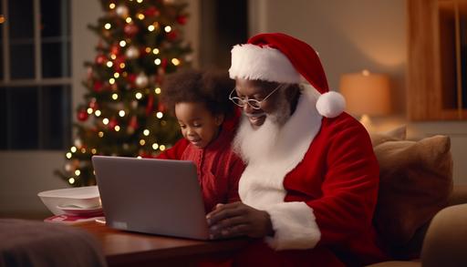 black grandparent with toddler on labtop at home, wearing red, santa hats, realistic, photo realistic, 4k, --aspect 7:4