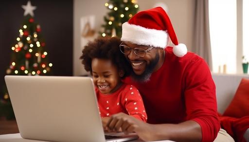 black grandparent with toddler on labtop at home, wearing red, santa hats, zoom out, white background, realistic, photo realistic, 4k, --aspect 7:4