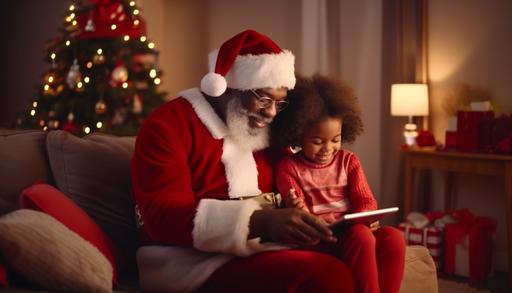 black grandparent with toddler on labtop at home, wearing red, santa hats, realistic, photo realistic, 4k, --aspect 7:4