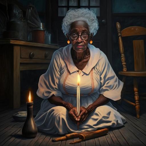 black granny in white clothes and a pipe in her mouth sitting on a small white bench with candles on the floor realistic drawing