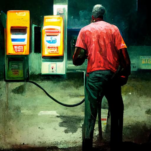 black guy, at gas station, drinking the petrol from the pumps