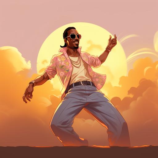 black guy groovin dancing in 70s clothes who wants to inspire the city and world he lives in with floating broken hearts around him with braids on him like the rapper ludacris