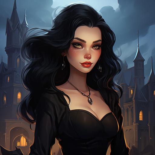 black hair, cartoon style, woman, vampire, with a necklace, a black castle background, a black dress, glowing eyes, drawing, icon
