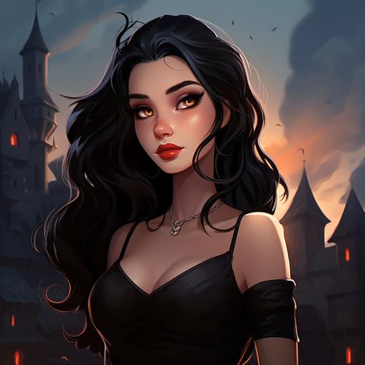 black hair, cartoon style, woman, vampire, with a necklace, a black castle background, a black dress, glowing eyes, drawing, icon