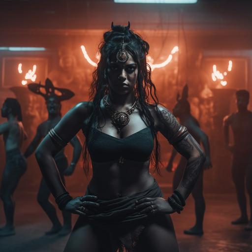 black hindu goddess Durga with black skin, large tongue out, teaching martial arts in a gym in india, room is full of women karate students, flash LIGHTING THE SCENE, grey lights, red lights, SMOKEY AIR, insane details, intricate details, beautifully color graded, Unreal Engine, Cinematic, Color Grading, Editorial Photography, Photography, Photoshoot, Shot on 70mm lens, Depth of Field, DOF, Tilt Blur, Shutter Speed 1/ 1000, F/ 22, White Balance, 32k, Super - Resolution, Megapixel, Pro Photo RGB, VR ultra realistic, photorealism --v 5 --s 250 --q 2