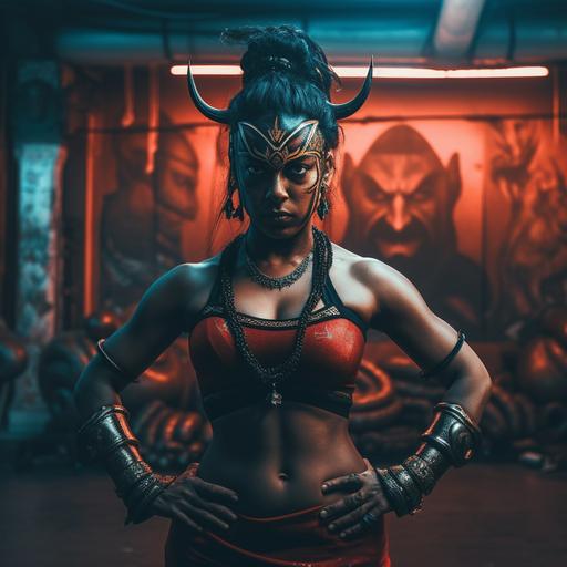 black hindu goddess Durga with black skin, large tongue out, teaching martial arts in a gym in india, room is full of women karate students, flash LIGHTING THE SCENE, grey lights, red lights, SMOKEY AIR, insane details, intricate details, beautifully color graded, Unreal Engine, Cinematic, Color Grading, Editorial Photography, Photography, Photoshoot, Shot on 70mm lens, Depth of Field, DOF, Tilt Blur, Shutter Speed 1/ 1000, F/ 22, White Balance, 32k, Super - Resolution, Megapixel, Pro Photo RGB, VR ultra realistic, photorealism --v 5 --s 250 --q 2