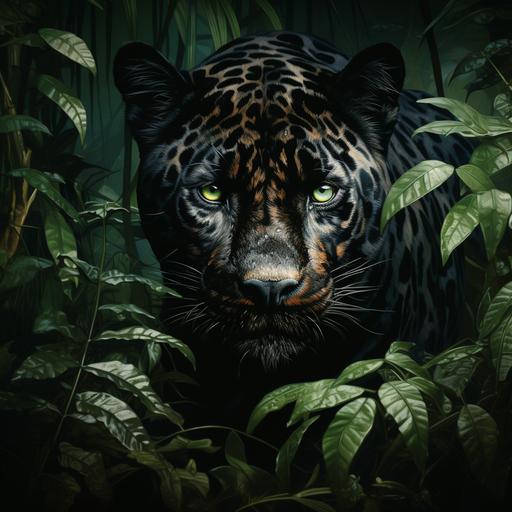 black jaguar with green eye and surranded by green jungle --s 250