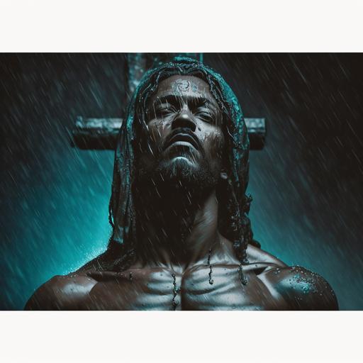 black jesus on the cross in the rain with a dark mystical sky teal hyper realistic ultra realistic cinamatic 8k