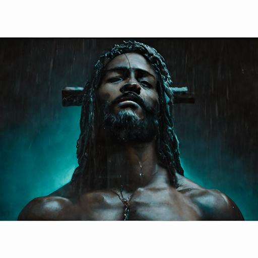 black jesus on the cross in the rain with a dark mystical sky teal hyper realistic ultra realistic cinamatic 8k