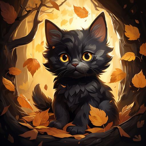 cute black kitten sitting in the leafs. yellow eyes. illustration for children --s 250