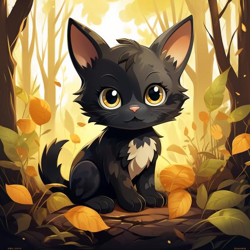 cute black kitten sitting in the leafs. yellow eyes. illustration for children --s 250