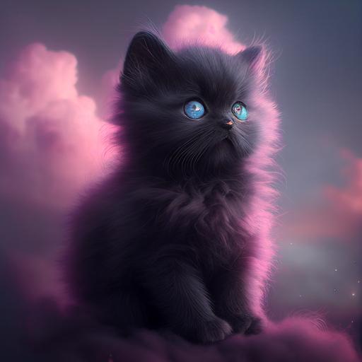 black kitten with a big blue eyes on the pink cloud in the sky very realistic