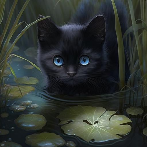 black kitten with blue eyes on a water lily in a swamp, hiper realistic, vantablack, adorable kitten, magic ilumination --v 4 --s 750