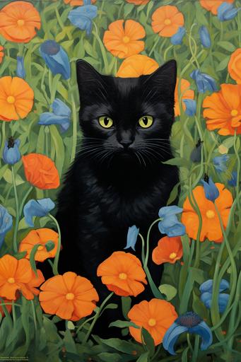black kitty cartoon tiny size in the middle of flowers filed --ar 2:3