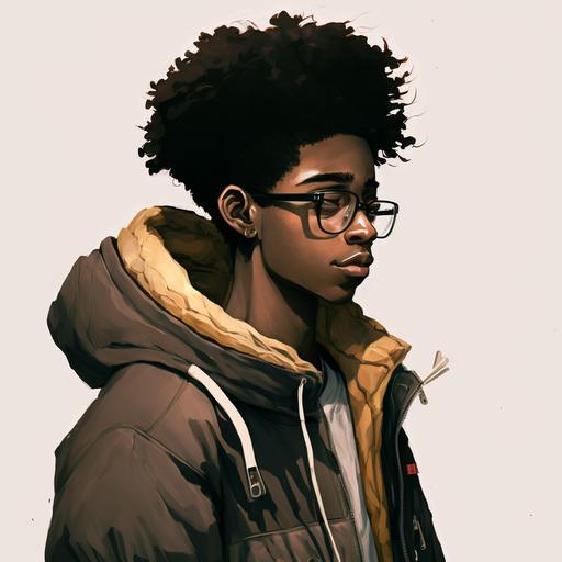 black male, 19, short, afro, big glasses, baggy clothes cartoon