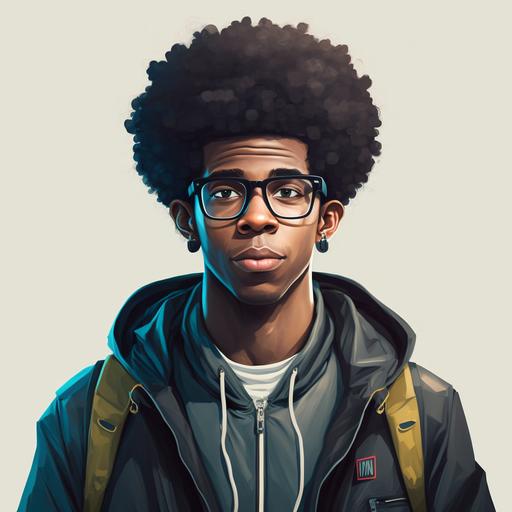 black male, 19, short, afro, big glasses, baggy clothes cartoon