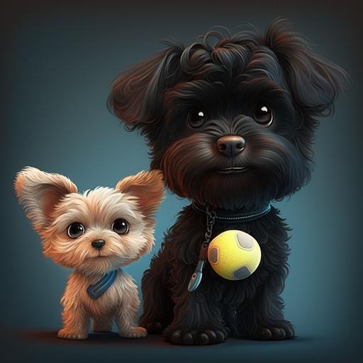 black maltipoo and yorkie with tennis ball, cartoon, pixar