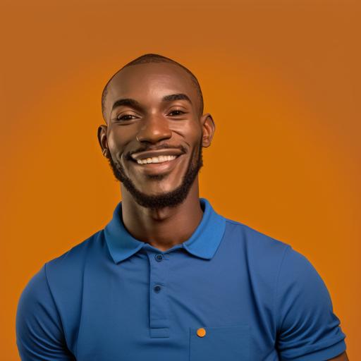 black man in dark blue polo T-shirt , orange background, smiling.