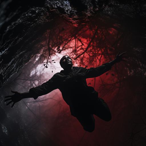 black man with arms outstretched and feet dangling floating out of deep wide dark hole in the ground with glowing red light coming from the bottom, at night in a dark woods, dramatic use of light and shadow, serious emotive expression, cinematic, golden ratio, cinema-photography by Roger Deakins, epic composition, photo realistic, magic in the style of Ridley Scott