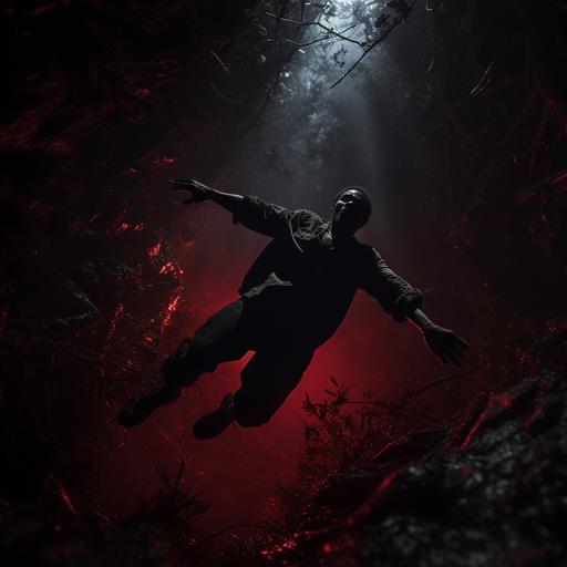 black man with arms outstretched and feet dangling floating out of deep wide dark hole in the ground with glowing red light coming from the bottom, at night in a dark woods, dramatic use of light and shadow, serious emotive expression, cinematic, golden ratio, cinema-photography by Roger Deakins, epic composition, photo realistic, magic in the style of Ridley Scott