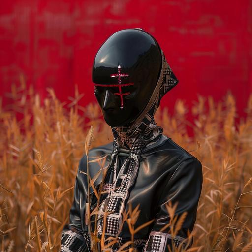 black mannequin with cross on the face, like on that photo, wears long leather dresses, rave elements on it, background red