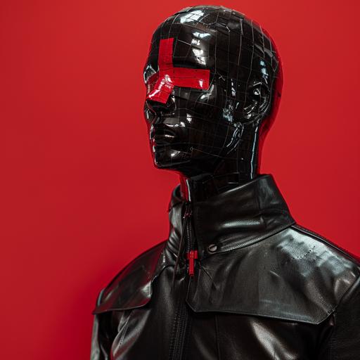 black mannequin with red cross on face, wearing long leather costume, rave elements, background red --v 6.0