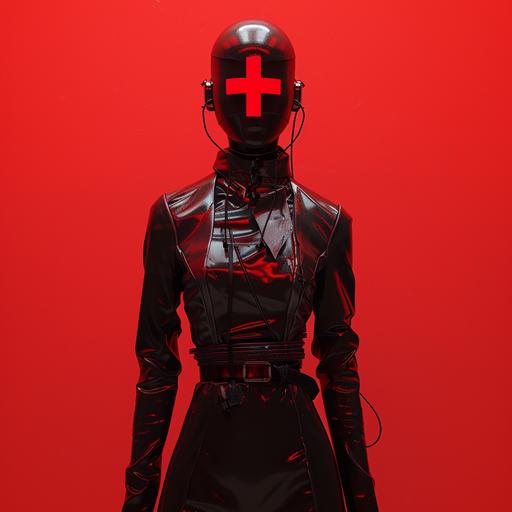 black mannequin with red cross on face, wearing long leather costume, rave elements, background red --v 6.0