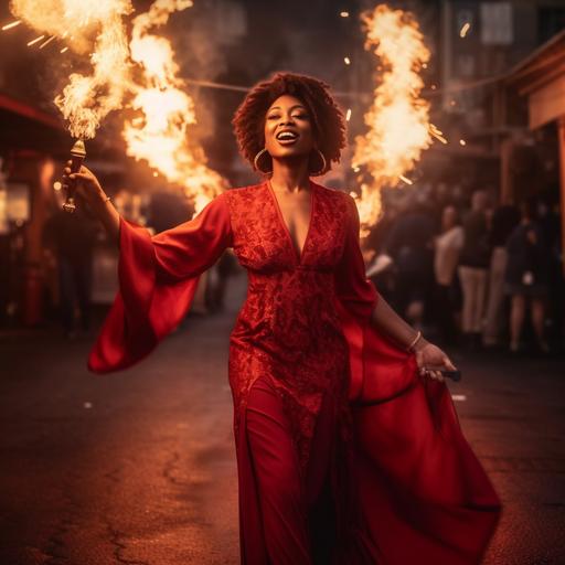black mature confident women with hand steched out holding a lorgnette in one hand dressed in beautiful long red dress walking through fire celebrating victory