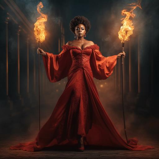 black mature confident women with hand steched upwards holding a pair of opera glasses dressed in beautiful elegant long red dress with fire behind her walking towards victory --q 2 --s 750