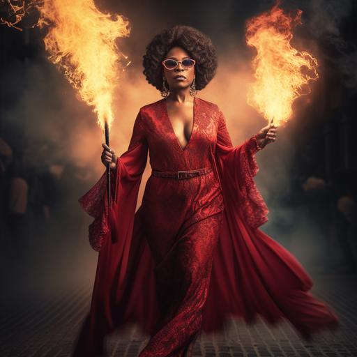 black mature confident women with hand steched upwards holding a pair of lorgnette glasses dressed in beautiful long red dress walking through fire