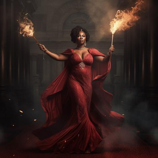 black mature confident women with hand steched upwards holding a pair of opera glasses dressed in beautiful elegant long red dress with fire behind her walking towards victory