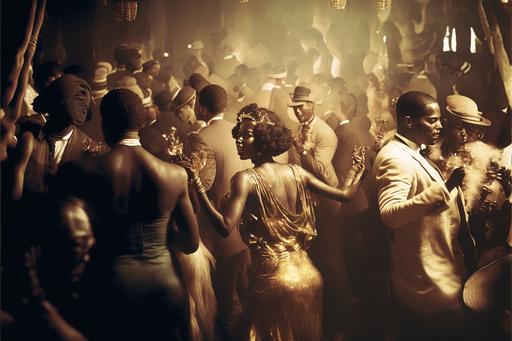 black men and women dancing and partying in 1920s Harlem speakeasy living in the lap of luxury, champagne bottles popping, light leaks, brown, black white glitter and gold, photography, KodaChrome, grainy film --ar 3:2 --s 100