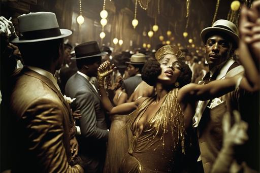black men and women dancing and partying in 1920s Harlem speakeasy living in the lap of luxury, champagne bottles popping, light leaks, brown, black white glitter and gold, photography, KodaChrome, grainy film --ar 3:2 --s 100