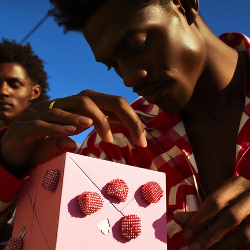 black men close up playing with retro cute heart dice in the style of miles aldridge, sunny california, pop inspo, colorblock, shadows, film, aesthetic, bold gingham red print