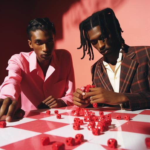 black men close up playing with retro cute heart dice in the style of miles aldridge, sunny california, pop inspo, colorblock, shadows, film, aesthetic, bold gingham red print