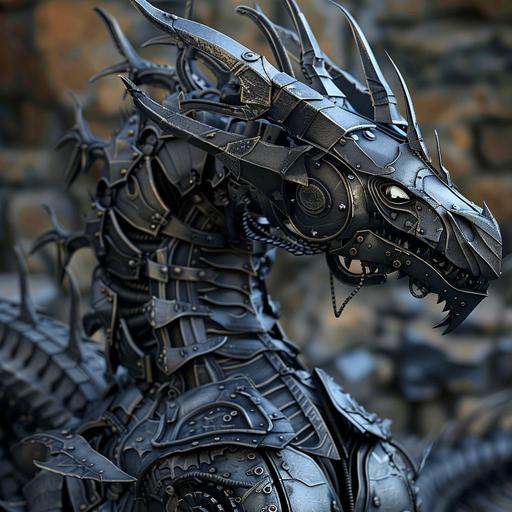 black metal dragon, mechanical armor wearing dragon, big fantasy dragon, hyper-realistic dragon