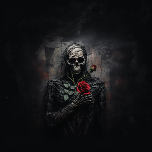 black metal skeleton with a red rose, menacing, grungy, gothic, black metal futiristic background
