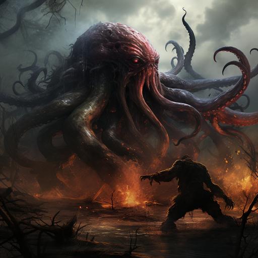 black monster frog fighting against a giant octopus arm on a swamp; dark fantasy style