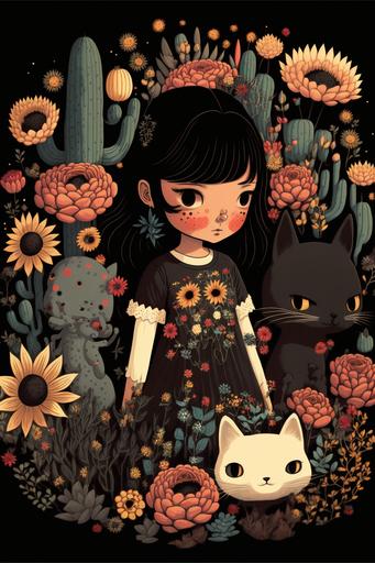 black paper powerful illustration hilda books style about a girl surrounded by mexican embroidery flowers and cactus, incredibly powerful illustration poster, black paper, watercolor mexican embroidery, flowers and cats around a full body girl at the center, Created by Love and Rockets + Naoya Matsumoto + Masaaki Yuasa highly detailed, mexican colors paint the background, watercolor 8k, --ar 2:3 --v 4