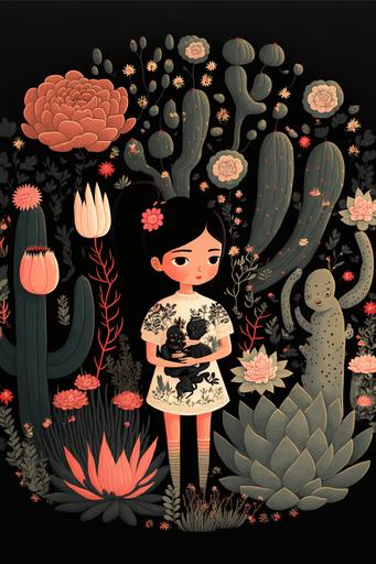 black paper powerful illustration hilda books style about a girl surrounded by mexican embroidery flowers and cactus, incredibly powerful illustration poster, black paper, watercolor mexican embroidery, flowers and cats around a full body girl at the center, Created by Love and Rockets + Naoya Matsumoto + Masaaki Yuasa highly detailed, mexican colors paint the background, watercolor 8k, --ar 2:3 --v 4