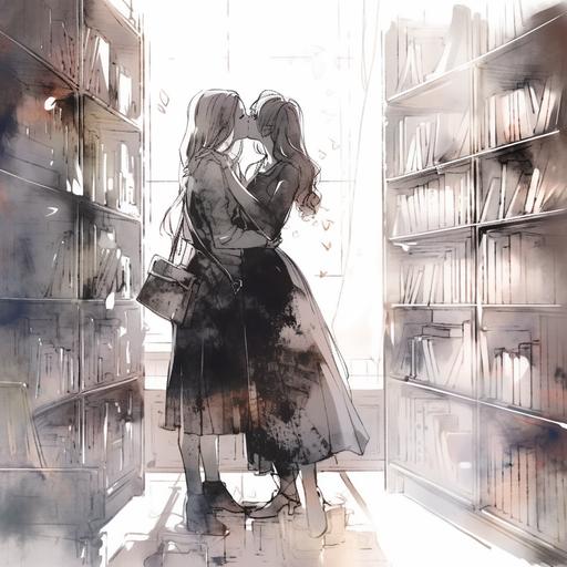 black pencil hand drawn, sketch, messy lines, very light silhouette, female art, two lesbian women kissing in a library near a bookshelf., full body. Texture of paper for drawing. Watercolor gradients around the edges of the picture --niji 5