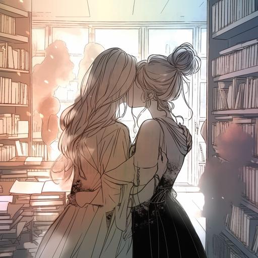 black pencil hand drawn, sketch, messy lines, very light silhouette, female art, two lesbian women kissing in a library near a bookshelf, passion Texture of paper for drawing. Watercolor gradients around the edges of the picture --niji 5