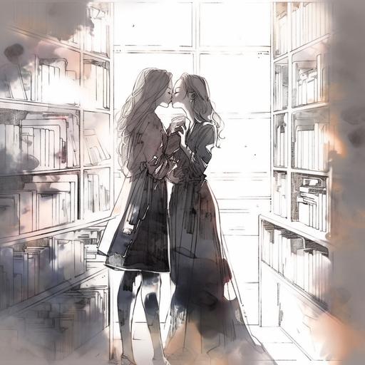 black pencil hand drawn, sketch, messy lines, very light silhouette, female art, two lesbian women kissing in a library near a bookshelf., full body. Texture of paper for drawing. Watercolor gradients around the edges of the picture --niji 5