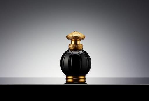 black perfume bottle with gold cap on a white background, in the style of noell oszvald, pure color, peter sculthorpe, jean auguste dominique ingres, shot on 70mm, 8k, bold coloration --ar 128:87